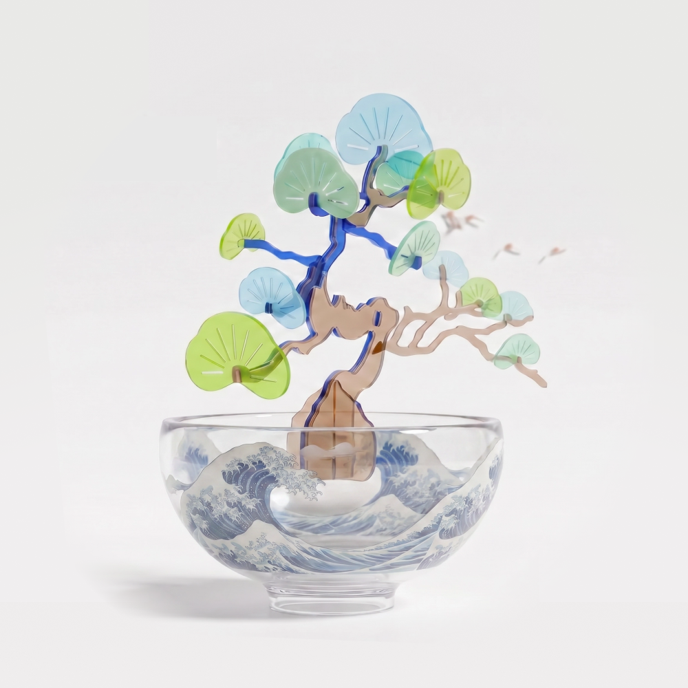 Pine bonsai kit — winter, translucent acrylic on white