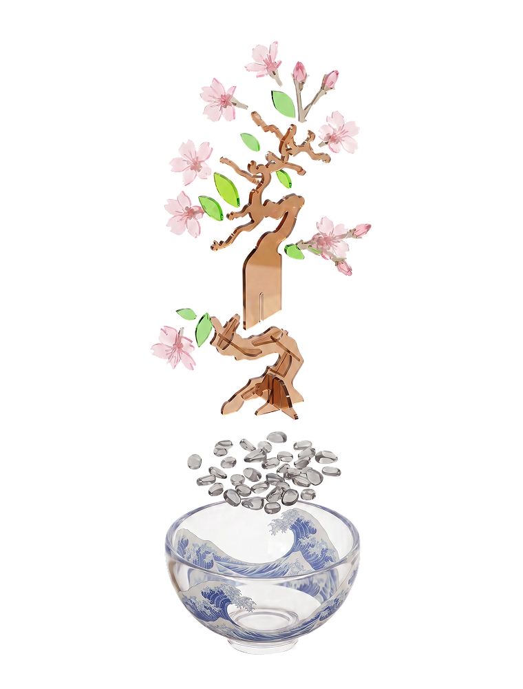 Exploded view of Cutto sakura bonsai kit — acrylic layers and glass stones above a wave bowl